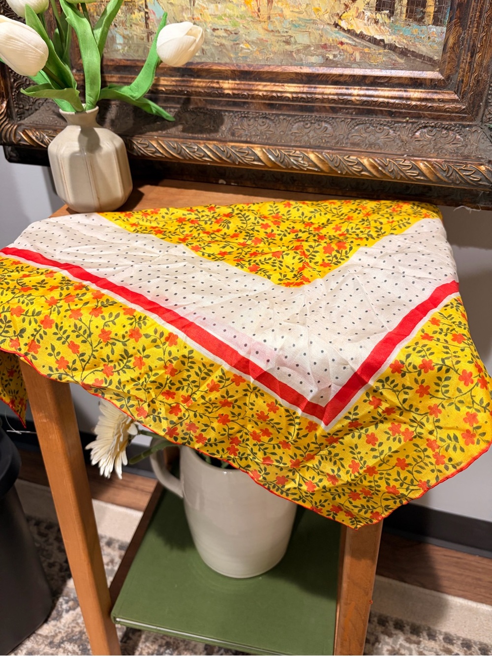 Yellow Floral silk hair scarf with Red Accent